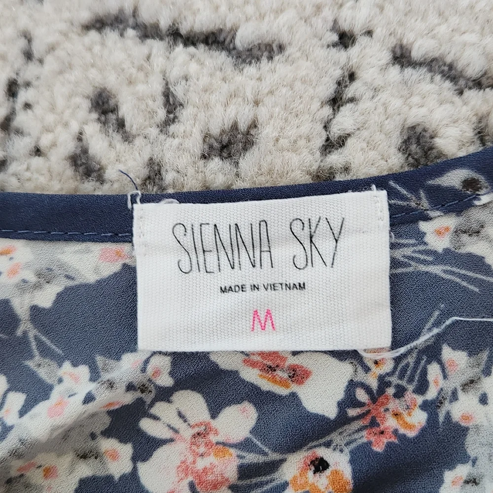 Sienna Sky Boho Puff Sleeve Ruffle Blue Floral V Neck Top Cottagecore M - Picture 7 of 11